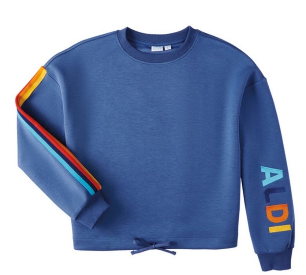 Aldi Gear Blue Pullover Sweatshirt Size Medium, Rainbow Logo